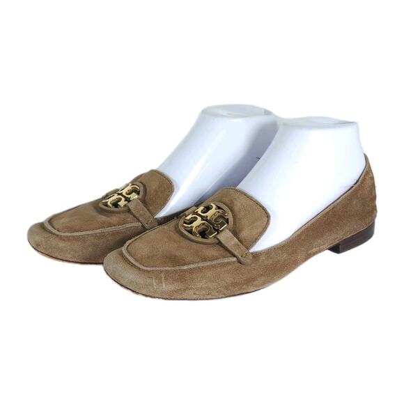 TORY BURCH Women's Metal Miller US8M Taupe Suede Medallion Logo Loafer Flats - Picture 1 of 16